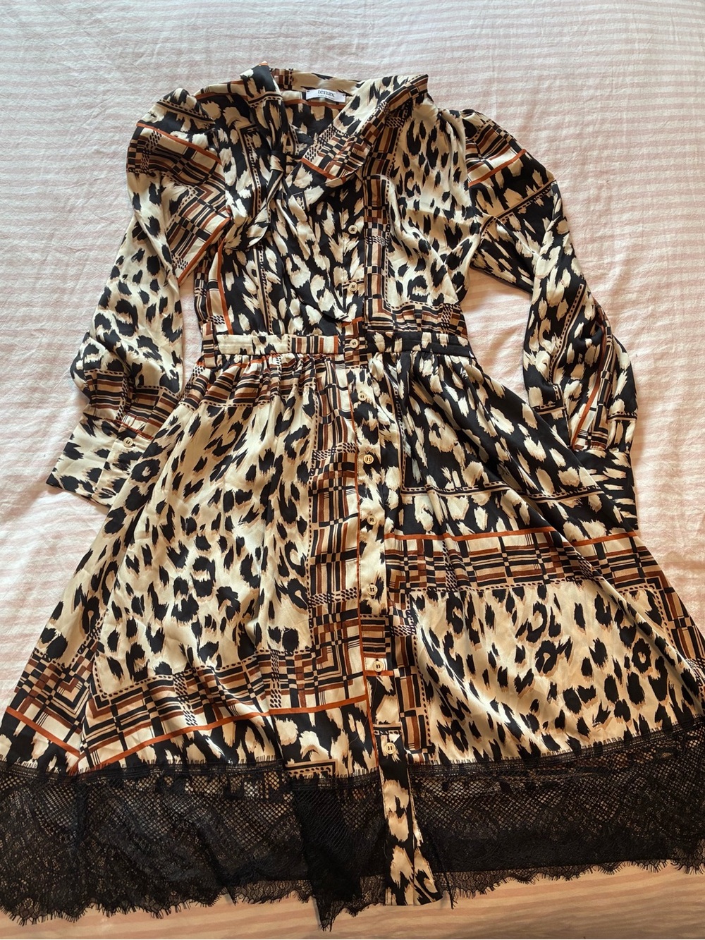 Women’s Leopard Print Shirt Dress with Lace Trim - Black & Cream